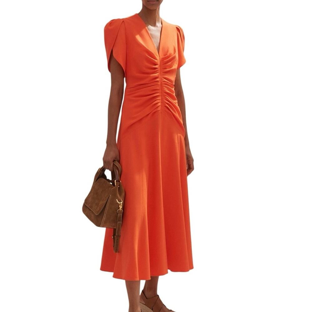 ME+EM Orange Ruched Midi Dress | Size US 4